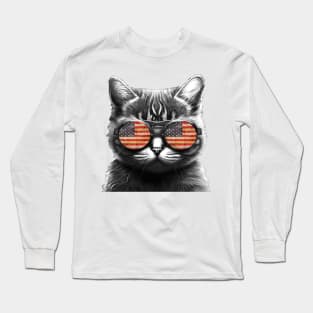 Cool cat with sunglasses and American flag Long Sleeve T-Shirt